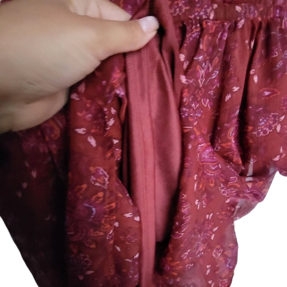 Sz M Women's Casual Dress Burgundy Mini Fit & Flare V-Neck Long Sleeve Floral - Picture 6 of 7